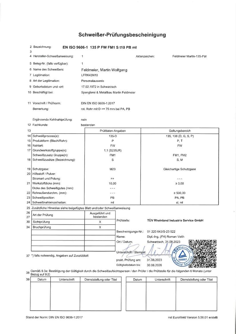 Schweißer-Prüfungsbescheinigungen, Teilnehmerbestätigungen und Zertifikate der Spenglerei Feldmeier, Schwarzach - 1