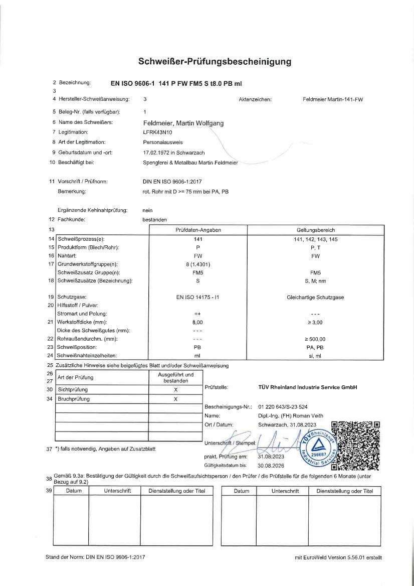 Schweißer-Prüfungsbescheinigungen, Teilnehmerbestätigungen und Zertifikate der Spenglerei Feldmeier, Schwarzach - 2