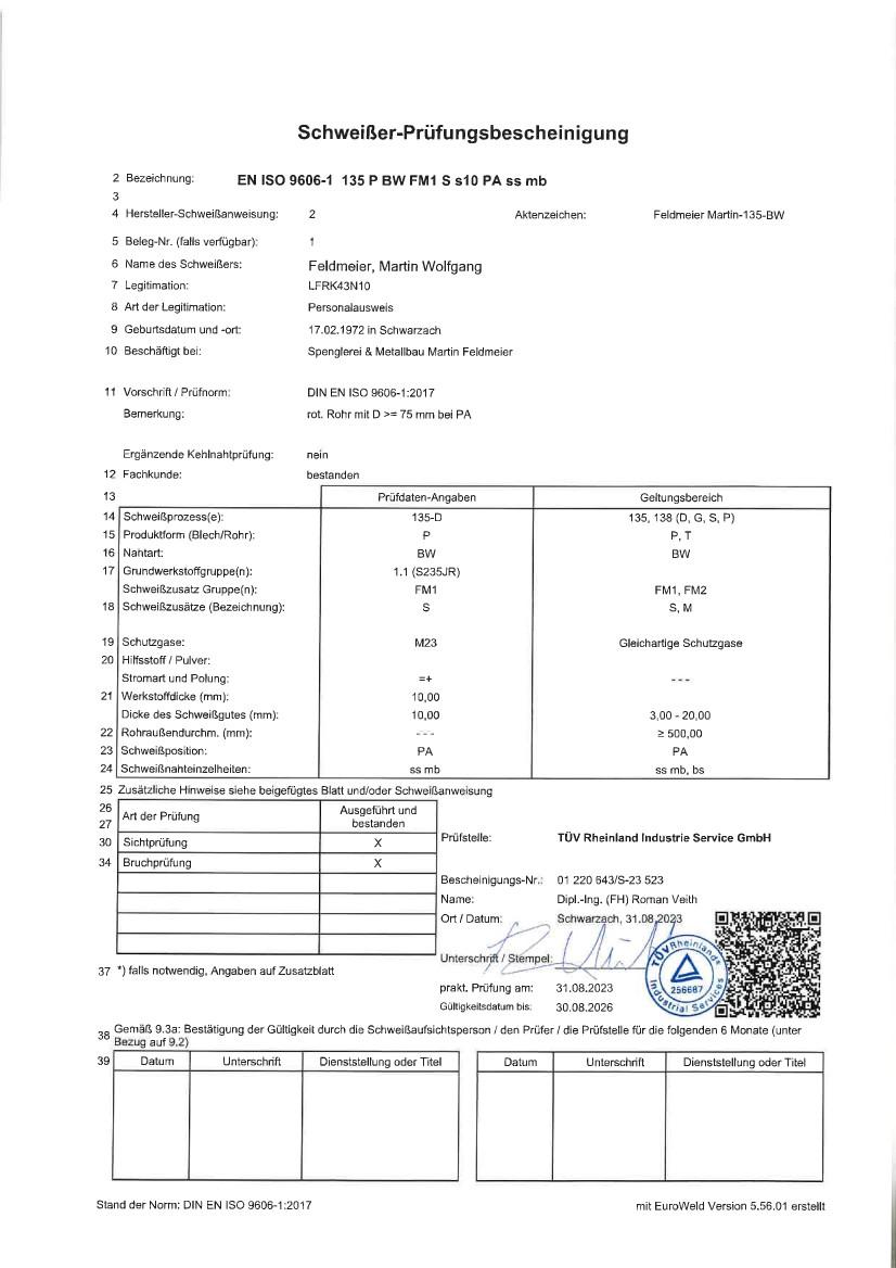 Schweißer-Prüfungsbescheinigungen, Teilnehmerbestätigungen und Zertifikate der Spenglerei Feldmeier, Schwarzach - 3