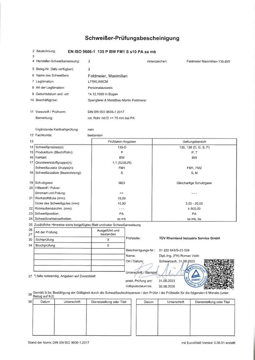 Schweißer-Prüfungsbescheinigungen, Teilnehmerbestätigungen und Zertifikate der Spenglerei Feldmeier, Schwarzach - 5